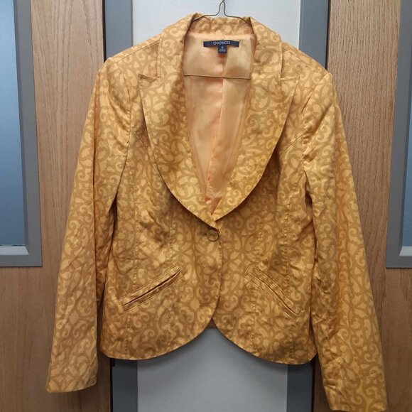 Chadwicks Women's 12 Yellow Printed One button Blazer Jacket 100% Cotton lined - Picture 1 of 16